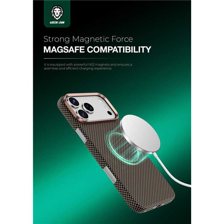 Green Lion Magsafe Kevlar Case for iPhone 17 Pro, Comfortable Grip, Aluminum Alloy Guard, Drop Protection, Lightweight Design, Ultra-Slim - Black / Gold