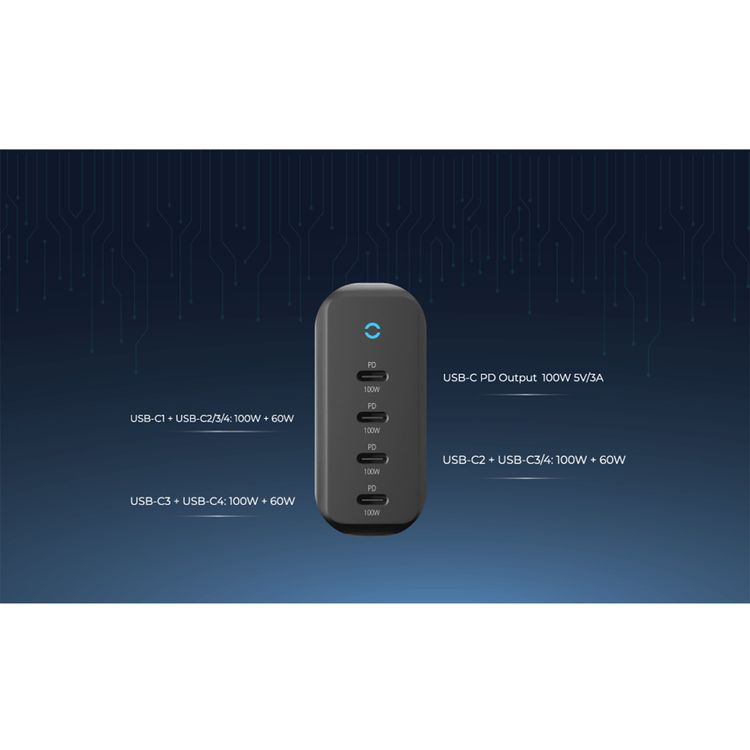 Powerology 165W GaN Desktop Charger with 4 USB-C PD Ports, Overload Protection, 100W Power Delivery, UK 3-pin Plug, 0%-60% Charge in 35 Minutes - Black