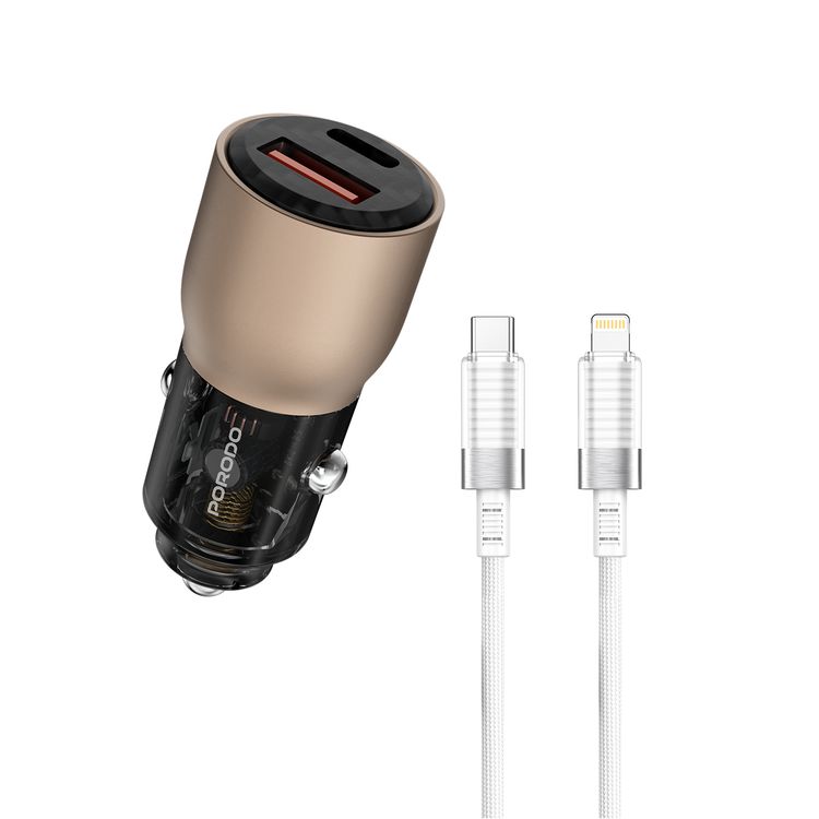 Porodo 95W Car Charger Transparent  with 90cm Lightning Cable, Simultaneous Fast Charging, Universal Compatibility - Desert Titanium