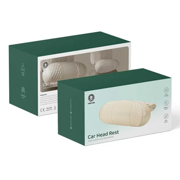 Green Lion Car Head Rest with Memory Foam and Soft Fabric, Adjustable & Rotatable - Light Brown