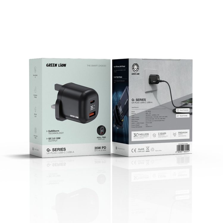 Green Lion Q-Series 35W UK Plug GaN Wall Charger with Smart Digital Display, QC 3.0 18W, GaNStorm Technology, Ultra Compact Design, High-Efficiency GaN Charger, Smart Protection, Flame-Retardant PC Material - Black