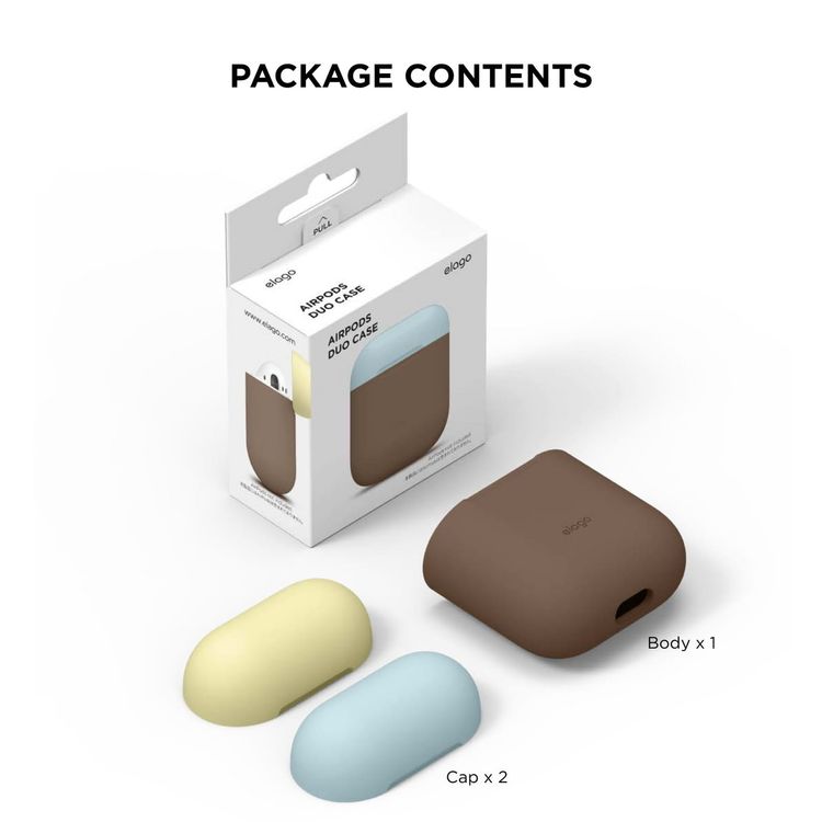 Elago Duo Silicone Case with Apple AirPods Case 1 & 2, Supports Wireless Chargers, Drop Resistant, Dustproof and Absorbing Protective Cover Body-Dark Brown / Top-Pastel Blue, Yellow