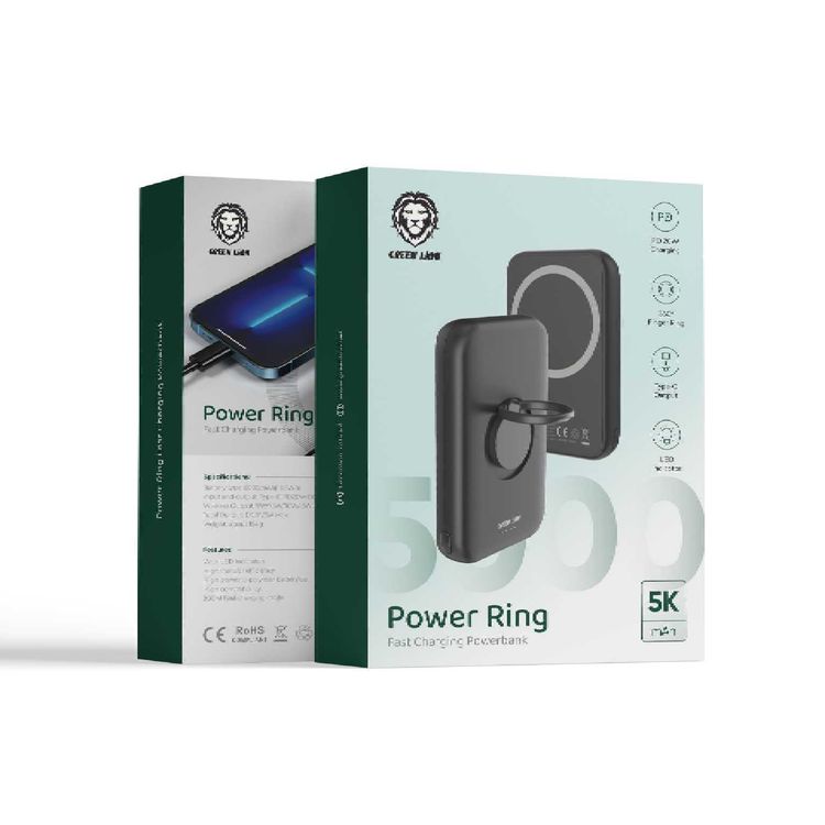 Green Lion Power Ring Fast Charging Power Bank 5000mAh PD 20W, Type-C Output, LED Indicator, 360° Finger Ring  - Black
