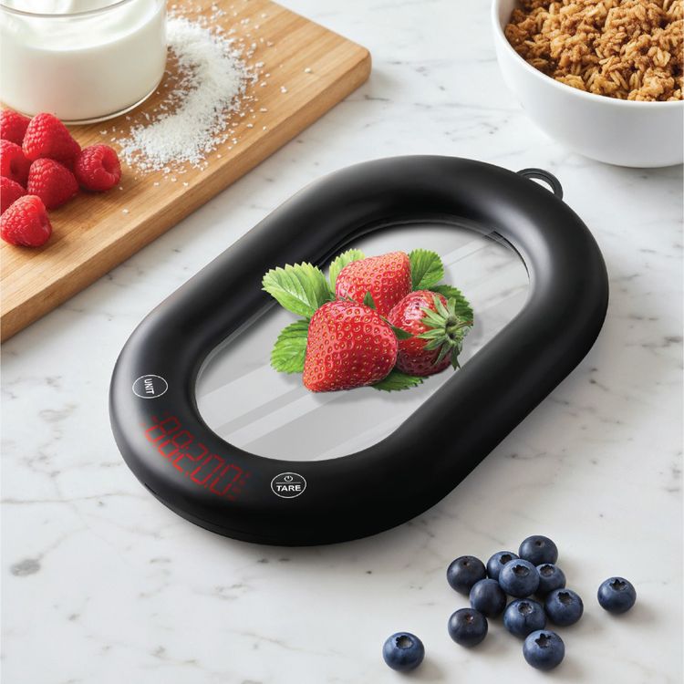 Porodo Glass Design Smart Kitchen Digital Scale with Bluetooth App Sync, 10kg Weight Capacity, 1g Division, g / mL / oz Units, Tempered Glass Platform, 250mAh Battery, Fast Unit Switch - Black