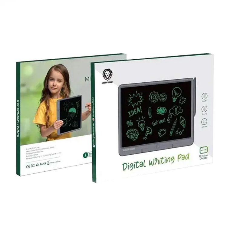 Green Lion Digital Writing Pad with 15" LCD Display, CR2016 Battery, One Click Lock, One Click Erase, Eye Protection, Eco Friendly - Grey