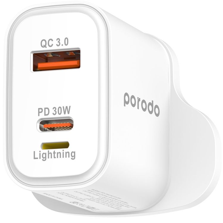 Porodo Triple Port PD QC Lightning 30W Charger UK Plug - White
