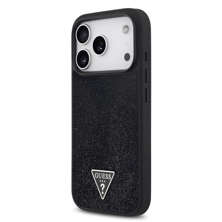 Guess MagSafe PU Leather Fixed Glitter Case with Triangle Logo for iPhone 17 Pro, Slim Profile, Easy Snap-On, Sustainable Packaging, Comfortable Grip, Drop Protection, Lightweight Design - Black