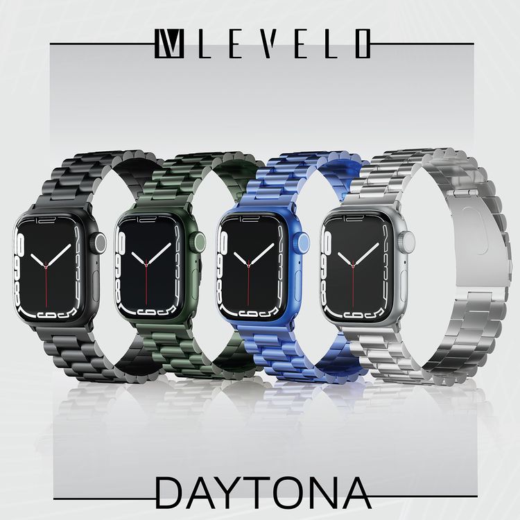 Levelo Daytona Watch Strap with Adjustable Links for Apple Watch 49/45mm, Anti-Oxidation Technology, Compatible with SE, Series 8, 7, 6, 5 & 4, Stainless Steel with Premium Metal Finish - Blue