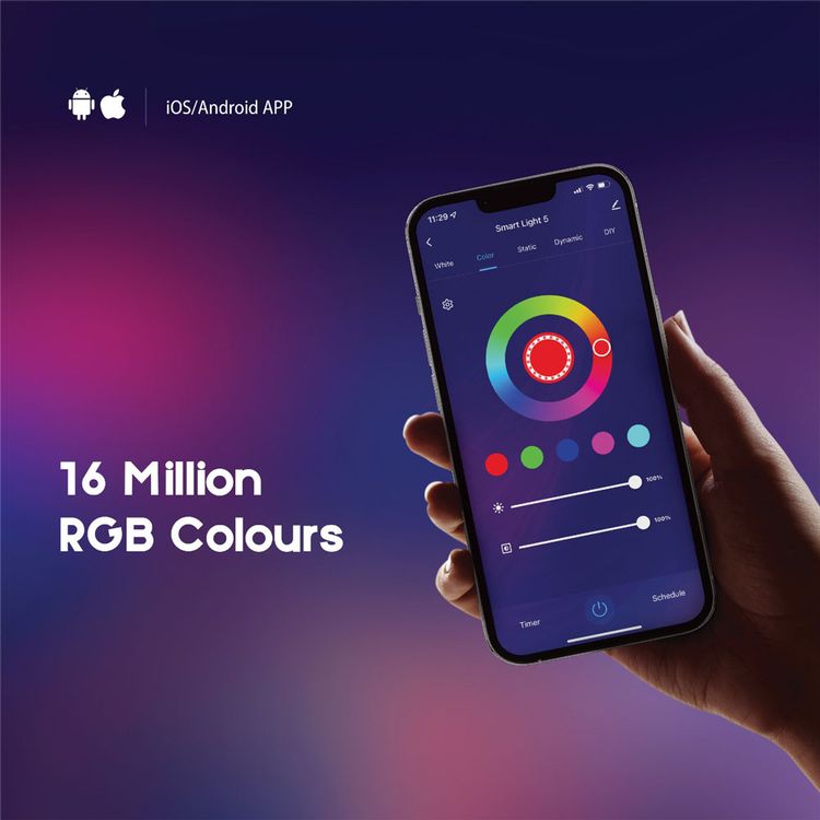 Porodo Brite Smart LED Bulb with 16 Million RGB Colors, Voice Command, Music Rhythm Sync, Automated Timer, WiFi Connectivity, 610 Lumens of Brightness - White