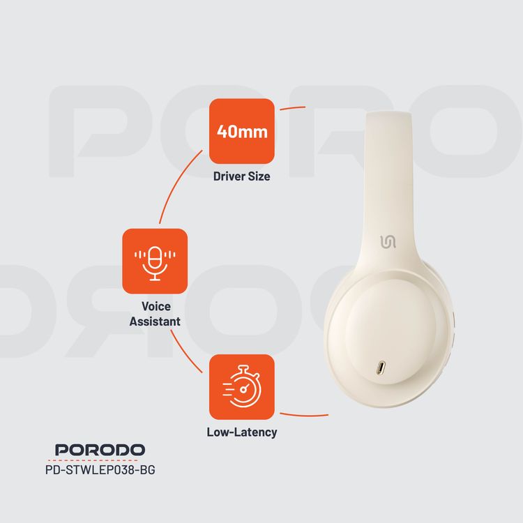 Porodo Soundtec Wireless Headphones with 400mAh Battery Capacity, 1.5 Hours Recharge Time, Up to 50 Hours Working Time, Type C Charging Port, Bluetooth V5.4 - Beige