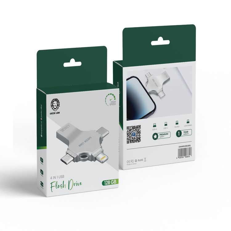 Green Lion 4-in-1 USB Flash Drive 128GB with High Speed Data Transfer, USB-A, USB-C, Micro USB & Lightning Connectors - Silver
