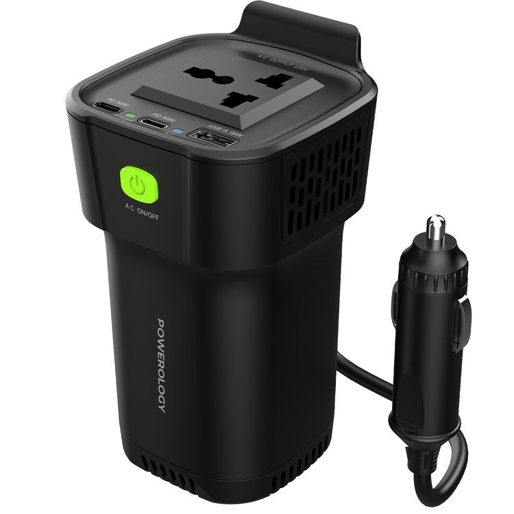 حامل أكواب باورولوجي 150 واط، محول طاقة مزدوج USB-C وUSB-A QC3.0 - أسود