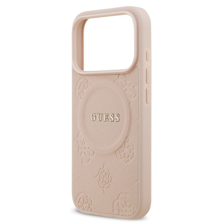 غطاء جلد PU من Guess بتصميم شعار كلاسيكي وختم ساخن على شكل زهرة الفاوانيا لهاتف آيفون 17 برو، ذو ملف نحيف، يركب بسهولة، تغليف مستدام، قبضة مريحة، حماية من السقوط - وردي