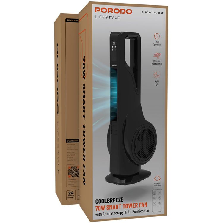 Porodo Lifestyle CoolBreeze 70W Smart Tower Fan with Aromatherapy & Air Purification, 45dB Low Noise Level, 12 m/s Wind Speed, Automatic Oscillation, 230V Rated Voltage, Night Light & Timer - Black