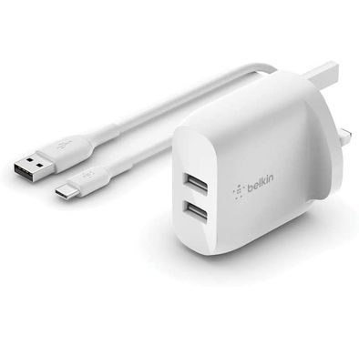 Belkin Dual Charger Adapter WCE001my1MWH Dual USB-A Wall Charger - White