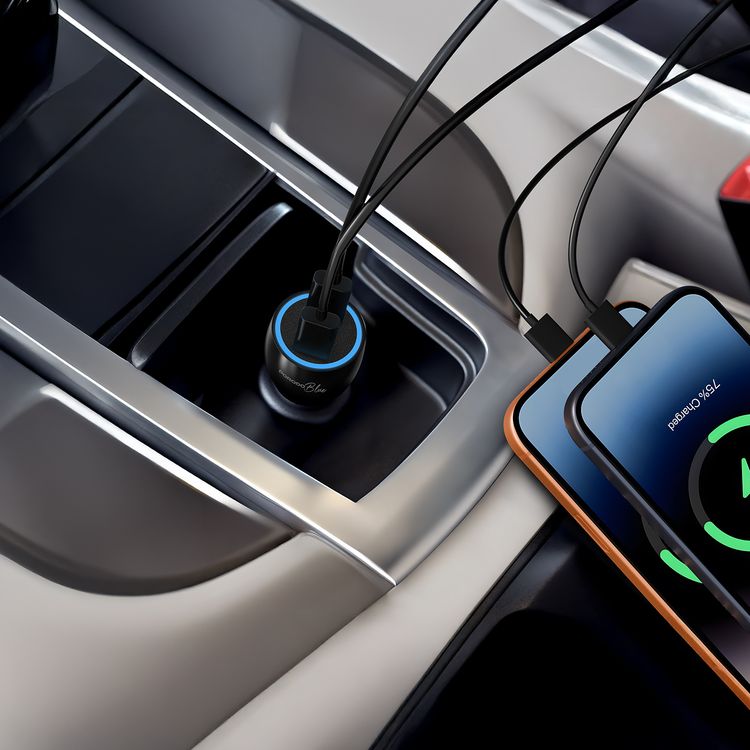 Porodo Blue Riva 60W Car Charger with PD30W USB-C to Lightning Cable, Auto-Off Function, Simultaneous Charging, Dual USB-C Ports, 12-14V Input Voltage, 60W Max Total Output - Black
