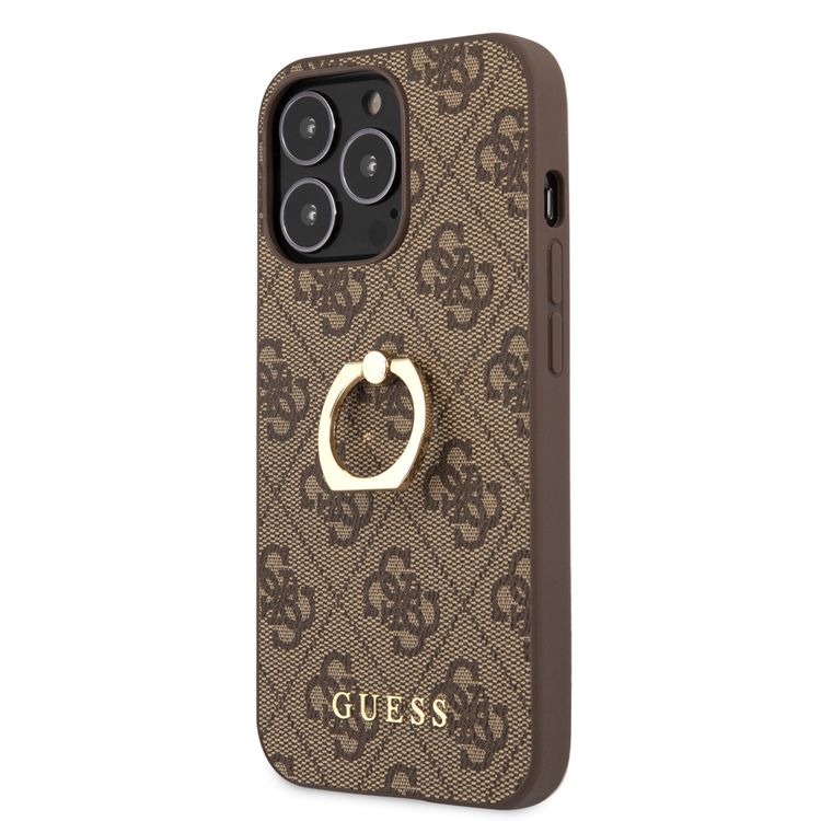 CG MOBILE Guess PU Leather 4G Case with 360° Rotating Ring Grip Holder Stand Compatible for iPhone 13 Pro (6.1") Suitable with Wireless Charging Officially Licensed - Brown