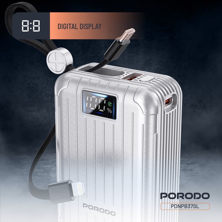 Porodo Petite 20000mAh Power Bank with Integrated Type-C & Lightning Cable, PD 20W, USB-A & USB-C Ports, Fast Charge Support, Digital Display, Universal Compatibility - Silver