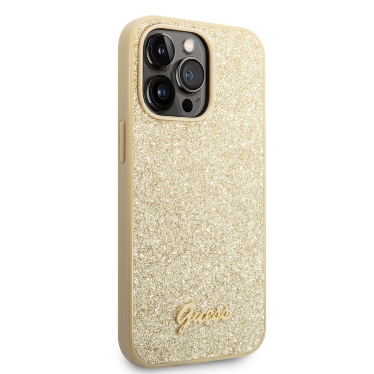 Guess PC/TPU Glitter Flakes Case with Script Metal Logo iPhone 14 Pro Max Compatibility - Gold