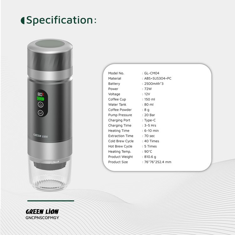 Green Lion Campinas Portable Coffee Maker with 150mL Coffee Cup Capacity, 20 Bar Pump Pressure, 70 Seconds Fast Extraction Time, Carrying Bag Included, 90°C Heating Temperature - Gray