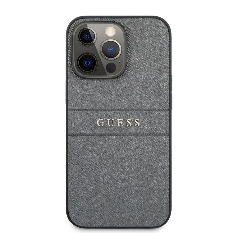CG MOBILE Guess PU Leather Case Saffiano with Metal Logo Hot Stamp Stripes Compatible for iPhone 13 Pro (6.1") Anti-Scratch, Easy Access to All Ports
