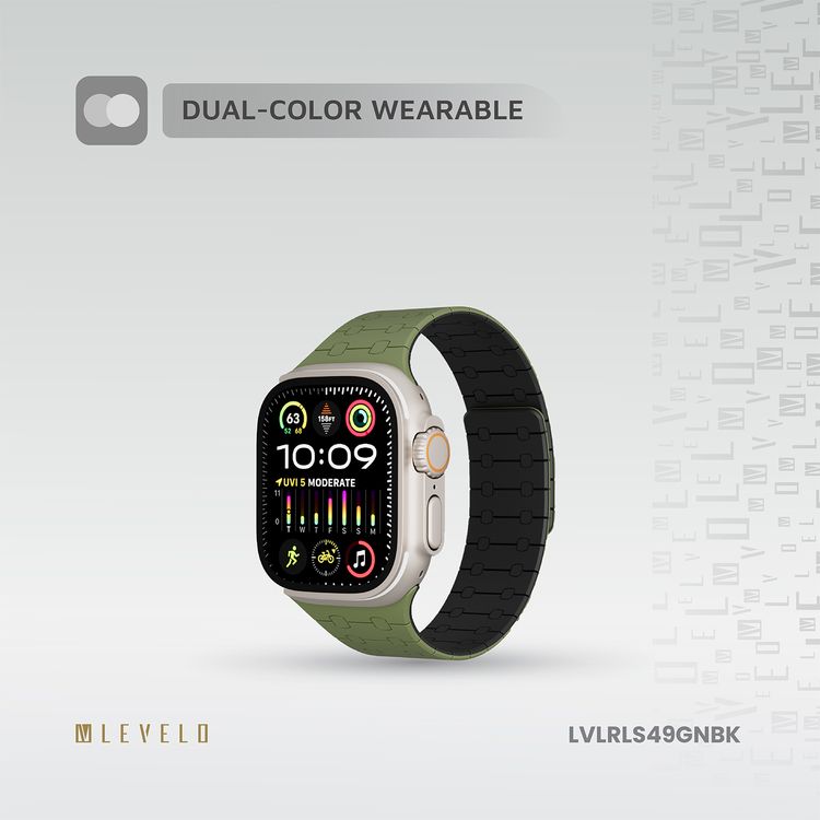 سوار سيليكون Levelo Royallink مزدوج اللون لساعة Apple مقاس 49/46 ملم، مصنوع من مادة مضادة للحساسية، يحتوي على 32 مغناطيس مدمج، مقاوم للماء والعرق، نظام تثبيت مغناطيسي قوي، سهل التركيب - أخضر / أسود.