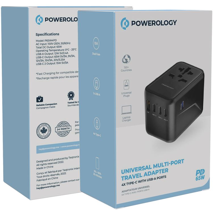 Powerology Universal Multi-Port Travel Adapter with 65W Power Delivery, Dual 10A Fuses, 12W USB-A Output, Laptop Charging Compatibility, Universal Plugs - Gray
