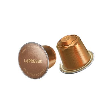 كبسولات LePresso ألومنيوم 100% أرابيكا لماكينات نسبريسو مع شدة قهوة بمستوى 7، بنكهة زهرية وخشبية خفيفة، مستوى تحميص متوسط، تشمل 10 كبسولات - ذهبي