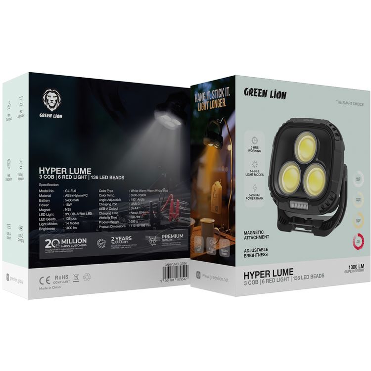 Green Lion Hyper Lume Working Light with 5400mAh Power Bank, 180° Adjustable, Magnetic Attachment, 1000lm Brightness, Battery Indicator, USB-C Charging - Black 