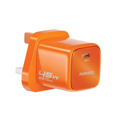 Porodo Tezorenzza USB-C Wall Adapter, Anti-Flame PC Material, GaN Technology, Fast Charge Support, 45W Power Delivery, Universal Compatibility, AC 110-240V Rated Voltage - Orange