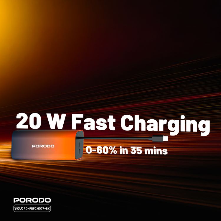Porodo PB077 20000mAh Power Bank with  Integrated Type-C Cable, PD 20W, Type-C Ports, Portable Design, Fast Charge Support - Black