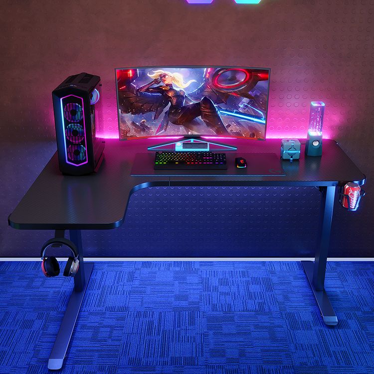 Porodo Gaming Xcommand Carbon Fiber Material Gaming Table with Headphone Mount, Large Surface, Carbon Fiber, Heat Resistant, Water Resistant, Remote Control,  Patented Design, Textured Chipboard,  Cup Holder, RGB Panel - Black