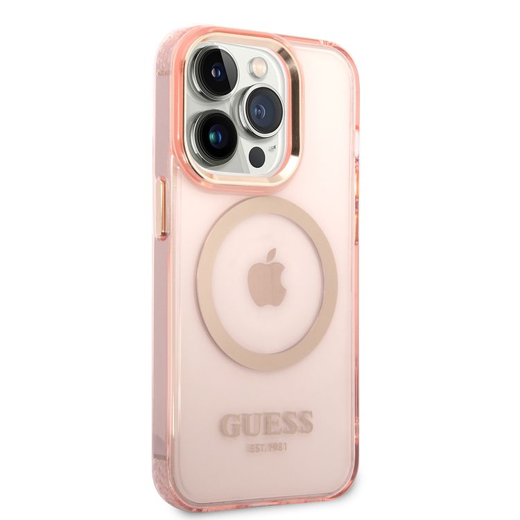 Guess Magsafe Case With Translucent Gold Outline - iPhone 14 Pro Max - Pink