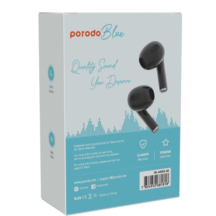 Porodo Blue Deep Bass Wireless Earbuds 3, 20 Hours Working Time, Type-C Charging Port, Environmental Noise Cancellation, Independent Earbuds, Touch Control - Black