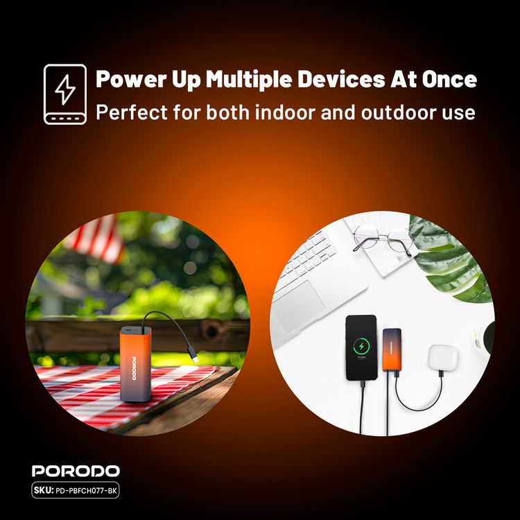 Porodo PB077 20000mAh Power Bank with  Integrated Type-C Cable, PD 20W, Type-C Ports, Portable Design, Fast Charge Support - Black