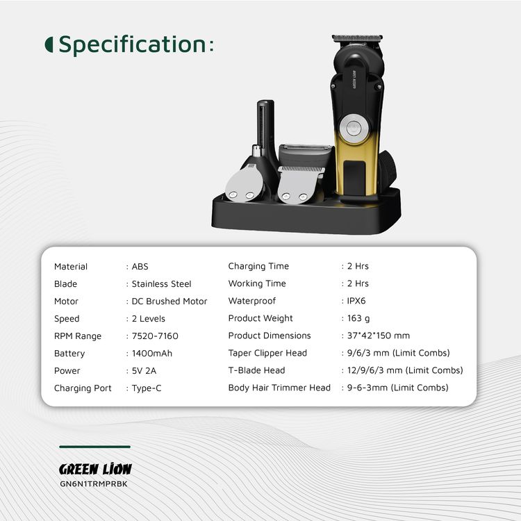 Green Lion 6-in-1 Trim Pro Grooming Kit with 3/6/9/12mm Limit Combs, Digital Display, Storage Base, Type-C Charging, 2 Speed Levels, 2 Hours Working - Black