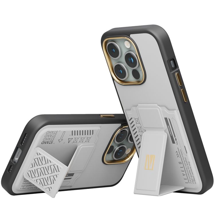 جراب Levelo Morphix Cuero Gripstand لهاتف iPhone 15 Pro Max مع حامل بطاقات، أوضاع متعددة، مادة جلد البولي يوريثان، حواف مقاومة للصدمات - رمادي