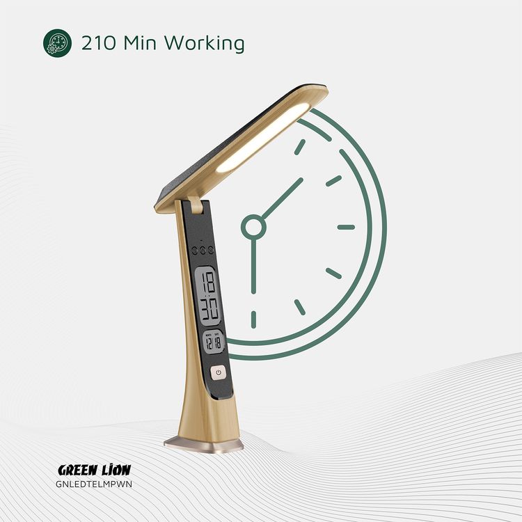 Green Lion LED Table Lamp with ABS Material, 1800mAh Battery Capacity, Cold-Natural-Warm Light Modes, 3.5 Hours Working Time, Adjustable Brightness & Angle, Digital Time & Date - Wooden