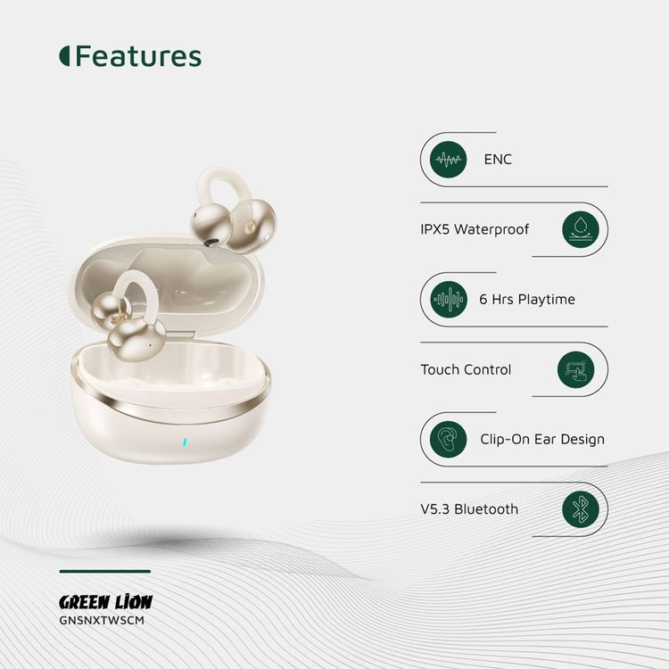 سماعات الأذن Green Lion Sonix Clip مع إلغاء الضوضاء البيئية، حتى 6 ساعات من التشغيل، نطاق نقل 10 أمتار، تصنيف مقاومة الماء IPX5، تحكم باللمس - لون كريمي