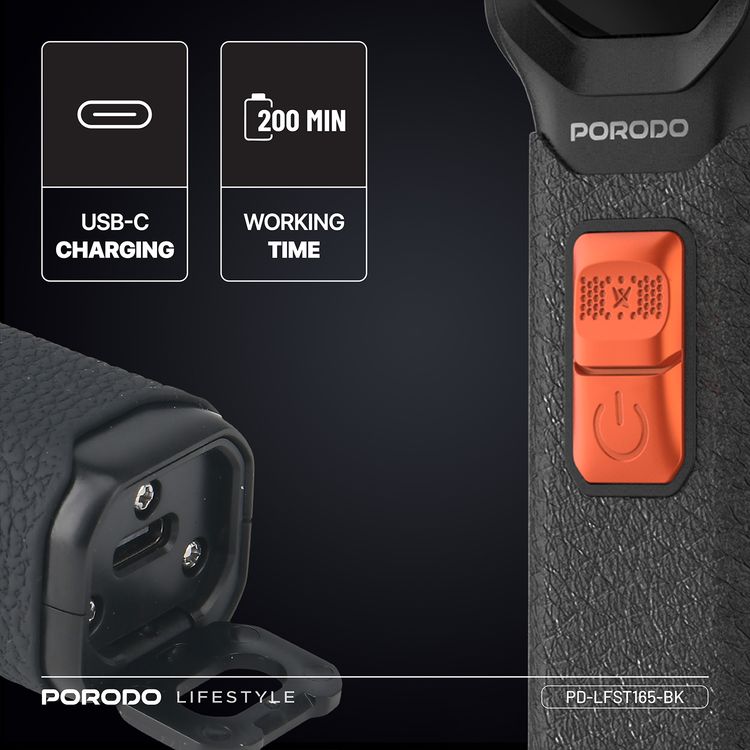 Porodo Multi-Purpose Trio Grooming Kit with Hair Clipper & Beard Shaver, 5W Rated Power, 200 Minutes Working Time, 4 Combs, 2000mAh Battery Capacity, LED Digital Display, 7000RPM Motor Speed, USB-C Charging - Black