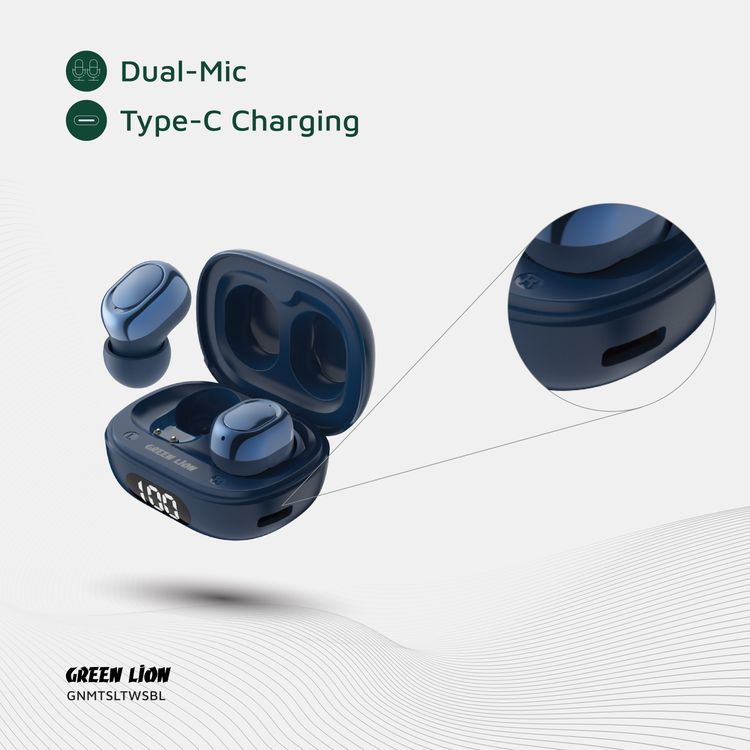 Green Lion Mittersill True Wireless Earbuds with ENC, Up to 6 Hours Playtime, IPX5 Waterproof Resistance Level, Bluetooth Version 5.4, Up to 10m Transmission Range, Type-C Charging Port, Dual-Microphone, Strap Included - Blue