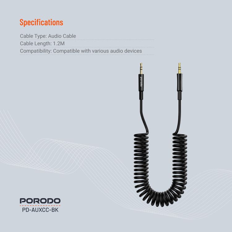Porodo 3.5mm AUX to 3.5mm AUX Coiled Audio Cable with 1.2m Length, Universal Compatibility, Auto-Retract & Tangle-Free Design - Black