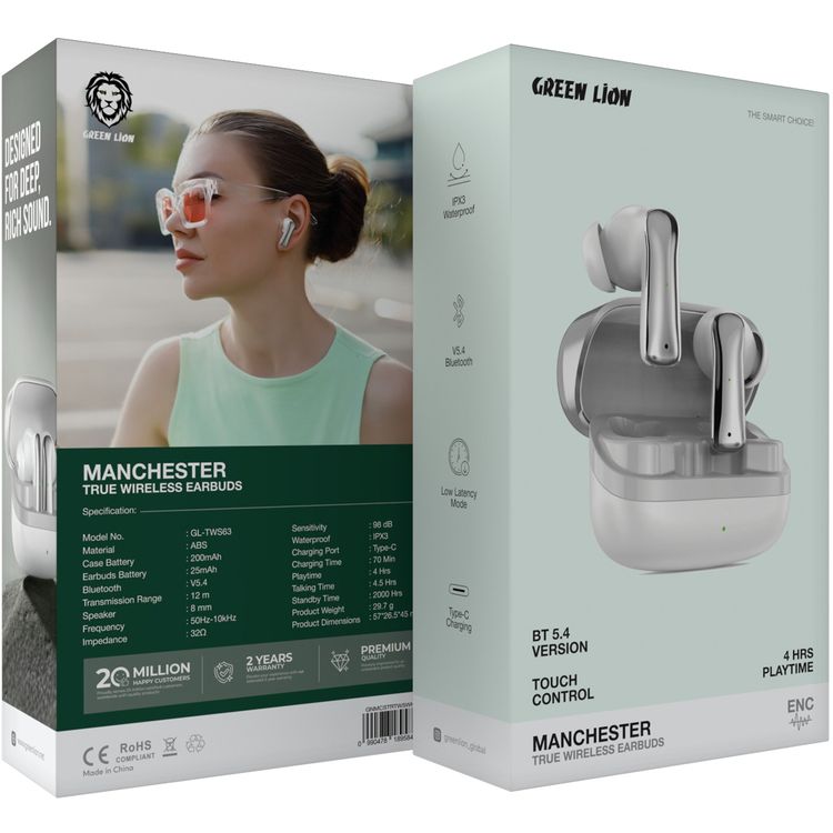 سماعات أذن لاسلكية حقيقية من جرين ليون مانشستر مصنوعة من مادة ABS، بطارية سماعات أذن 25 مللي أمبير/ساعة، بطارية حافظة 200 مللي أمبير/ساعة، إصدار بلوتوث 5.4، نطاق بلوتوث 12 مترًا، وقت استعداد 2000 ساعة، منفذ شحن من النوع C، وقت شحن 70 دقيقة، مقاومة للماء IPX3، تحكم باللمس - أبيض