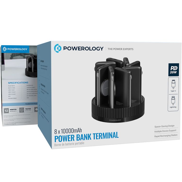 Powerology 8-in-1 Power Terminal with 8× 10000mAh Battery Capacity, Dual USB-C & USB-A Output Ports, Built-in Lightning & Type-C Cables, Fast Charging, Wireless Charging - Black