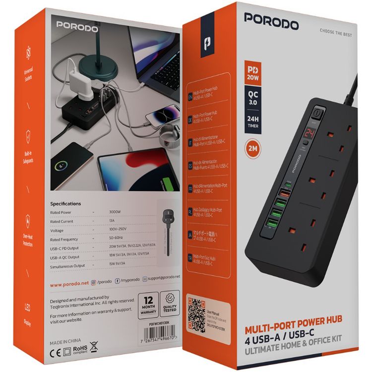 Porodo Multi-Port Power HUB Ultimate Home & Office Kit with 4 USB-A & 1 USB-C, 2m Cable Length, Built-in Safeguard, Over-Heat Protection, LED Display - Black