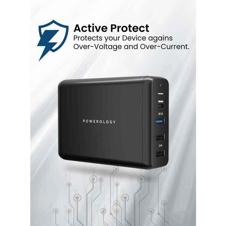 Powerology 4-Port Quick Charge Power Terminal with 75W Power Delivery, Simultaneous Charging, QC 18W, PD 60W, 0%-60% Charge in 35 Minutes, UK 3-Pin Plug - Black