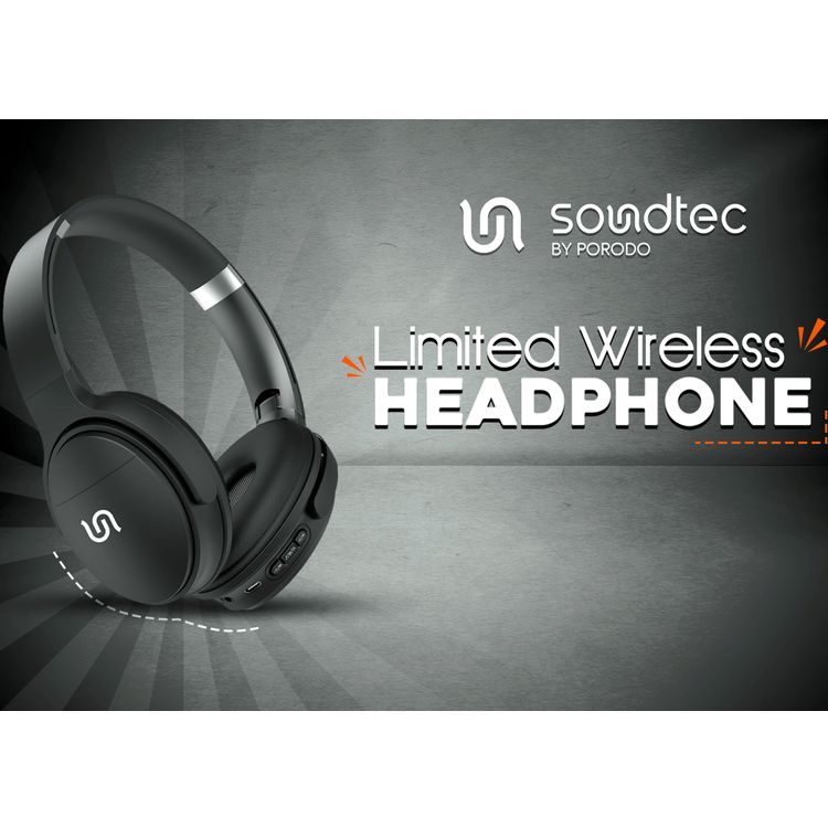 Porodo Soundtec Limited Wireless Headphones with AUX & Bluetooth Connections, Built-in Micro SD Slot & Microphone, Up to 10 Hours Working Time, 250mAh Battery Capacity, Control Buttons, Two-Device Connection - Black