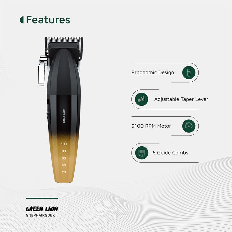 Green Lion Edge Pro Hair Clipper with 9100RPM Motor, Taper Lever, Ergonomic Design, 6 Guide Combs, Battery Indicator, 2500mAh Battery Capacity, Type-C Charging - Gold / Black