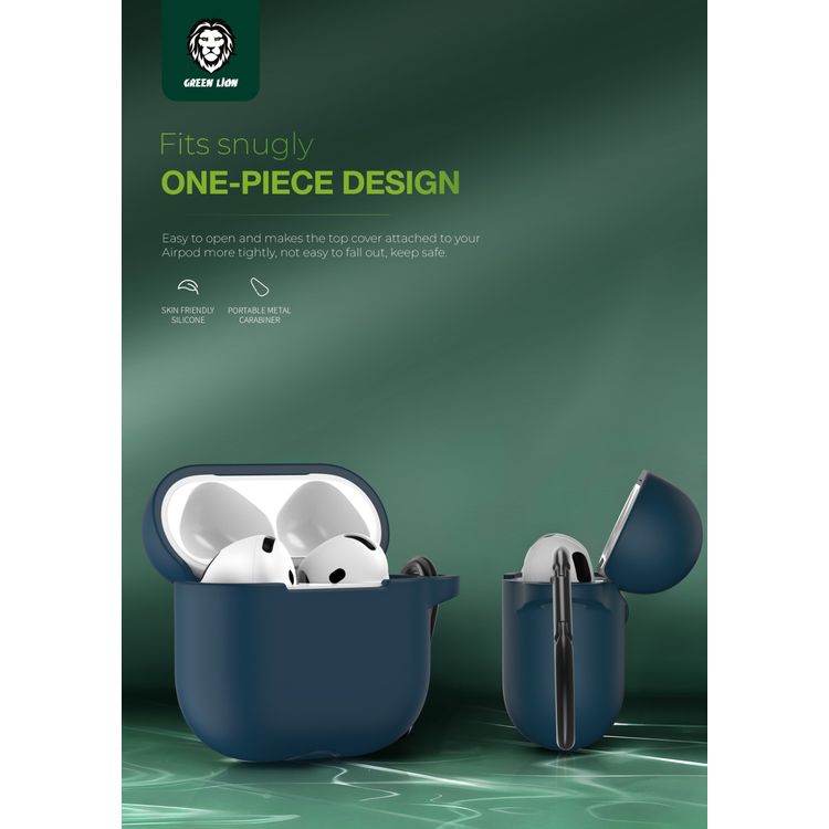 Green Lion Berlin Series Silicone Case for Airpods 4, Metal Carabiner, 360° Full Protection, Shock Absorbent, Skin Friendly Silicone, Washable Material - Blue