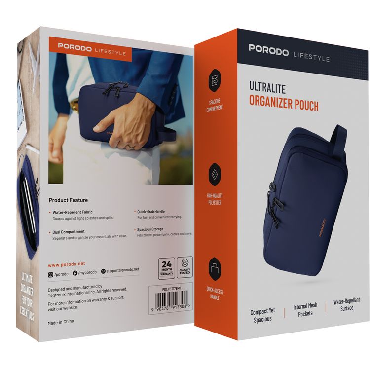 Porodo Ultralite Organizer Pouch with Dual Compartmnts, Zipper Closure, High-Quality Polyester Material, Water-Repellant Surface, Internal Mesh Pockets, Quick-Grab Handle, Compact Design - Navy Blue